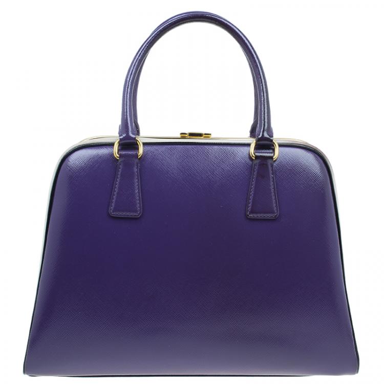 Pre Owned Prada Purple/Cream Saffiano Lux Leather Frame Top Handle Bag