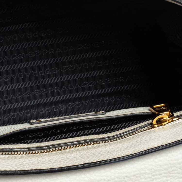 Pre Owned Prada White Vitello Daino Leather Sound Flap Top Handle Bag