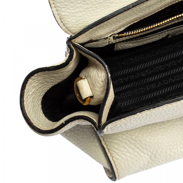 Pre Owned Prada White Vitello Daino Leather Sound Flap Top Handle Bag