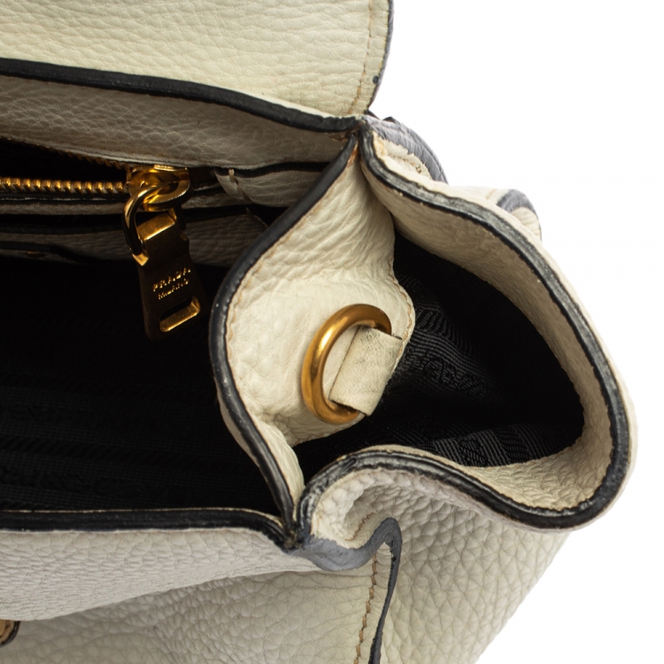 Pre Owned Prada White Vitello Daino Leather Sound Flap Top Handle Bag