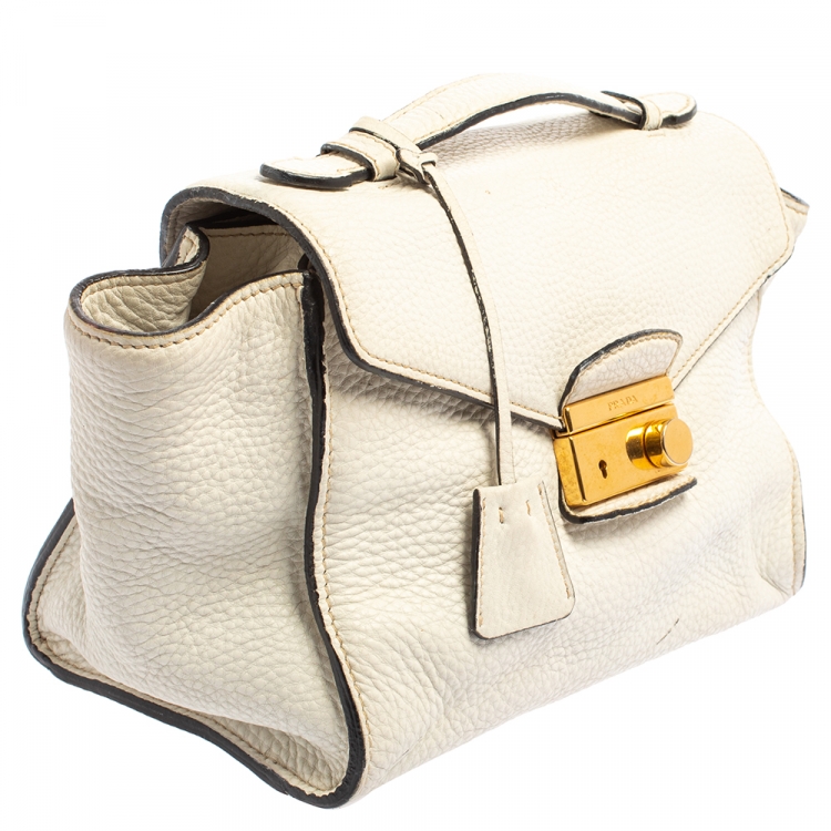 Pre Owned Prada White Vitello Daino Leather Sound Flap Top Handle Bag