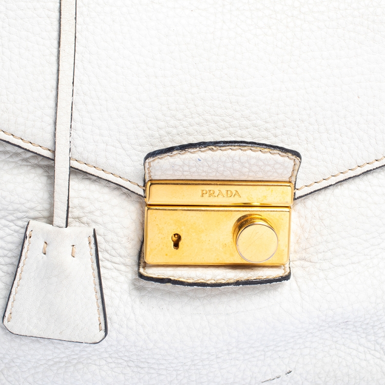 Pre Owned Prada White Vitello Daino Leather Sound Flap Top Handle Bag