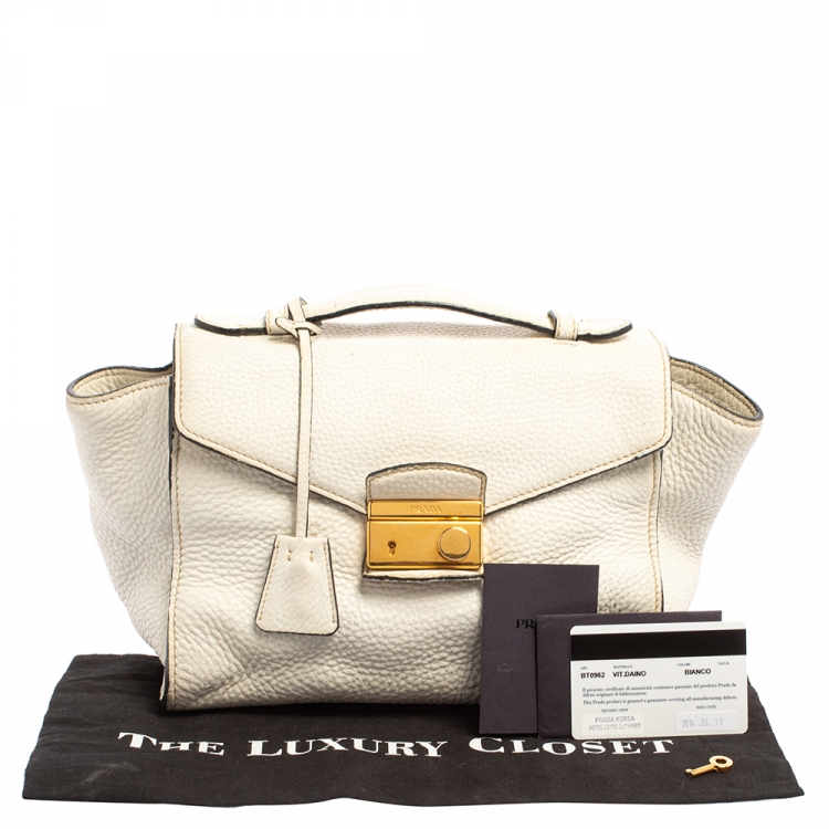 Pre Owned Prada White Vitello Daino Leather Sound Flap Top Handle Bag