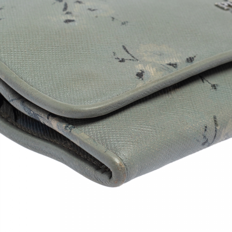 Pre Owned Prada Pale Blue Floral Print Saffiano Leather Wallet On Chain