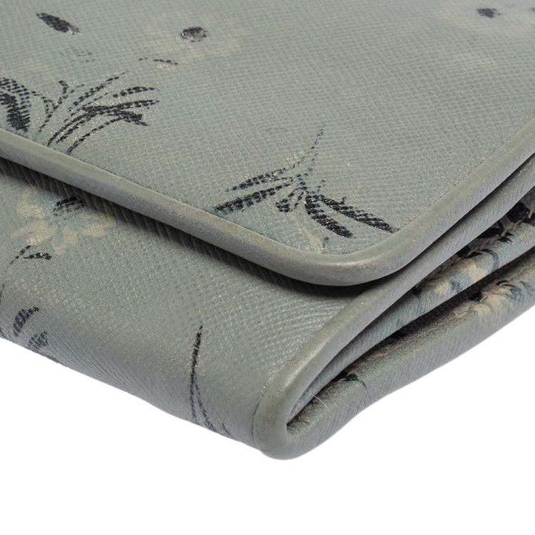 Pre Owned Prada Pale Blue Floral Print Saffiano Leather Wallet On Chain