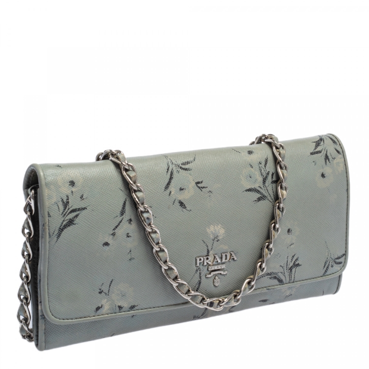 Pre Owned Prada Pale Blue Floral Print Saffiano Leather Wallet On Chain