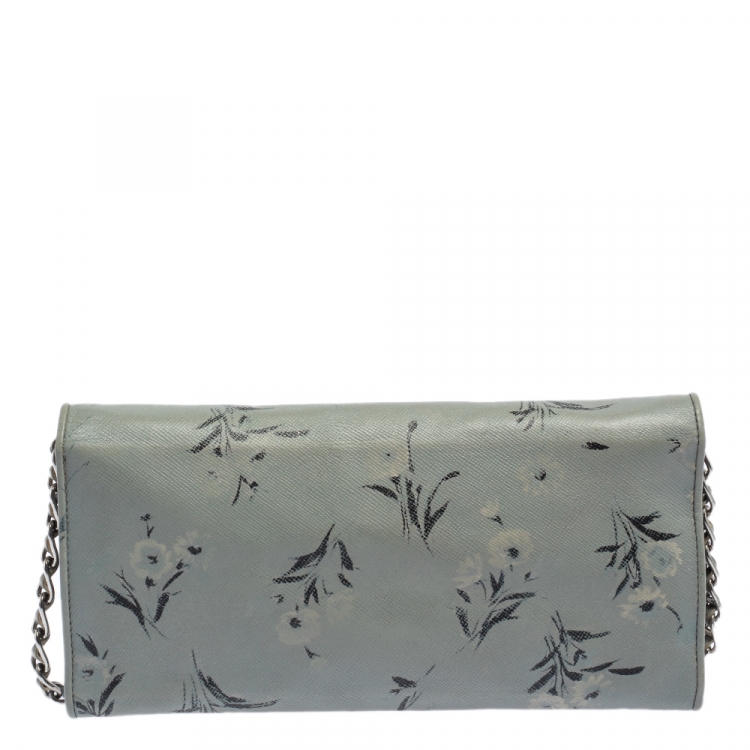 Pre Owned Prada Pale Blue Floral Print Saffiano Leather Wallet On Chain
