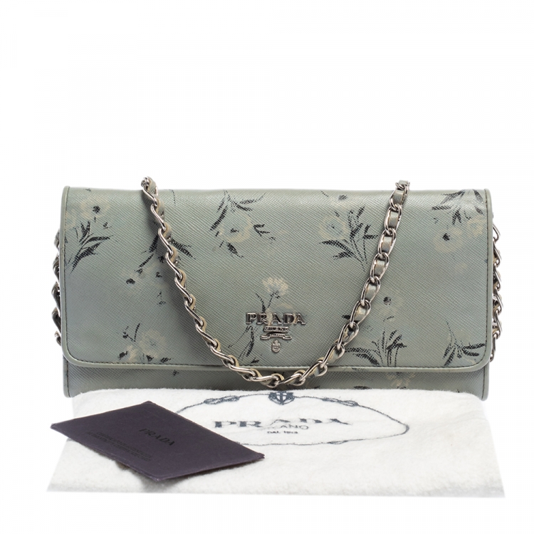 Pre Owned Prada Pale Blue Floral Print Saffiano Leather Wallet On Chain