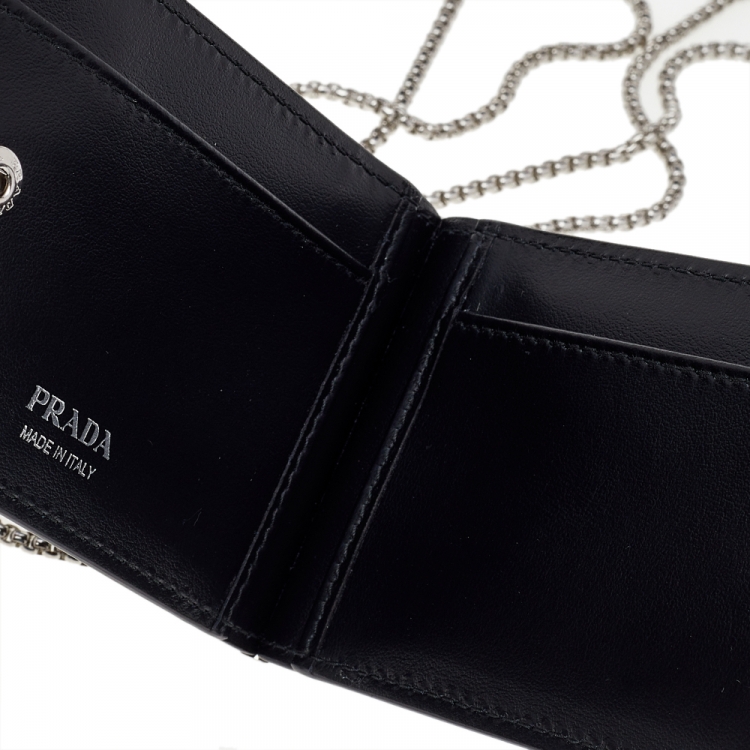 Pre Owned Prada Black Brushed Leather Chain Card Holder 