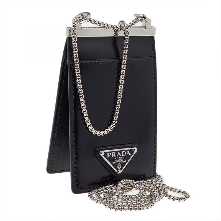 Pre Owned Prada Black Brushed Leather Chain Card Holder 