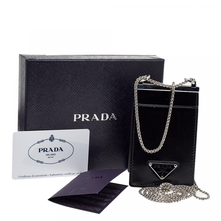 Pre Owned Prada Black Brushed Leather Chain Card Holder 
