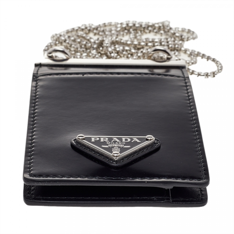 Pre Owned Prada Black Brushed Leather Chain Card Holder 