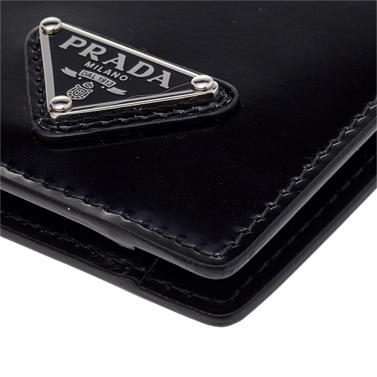 Pre Owned Prada Black Brushed Leather Chain Card Holder 