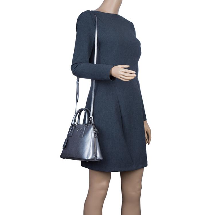 Pre Owned Prada Silver Saffiano Leather Small Vernice Promenade Top Handle Bag