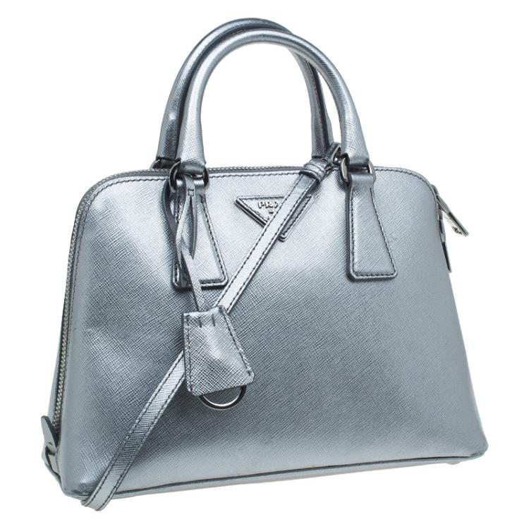 Pre Owned Prada Silver Saffiano Leather Small Vernice Promenade Top Handle Bag