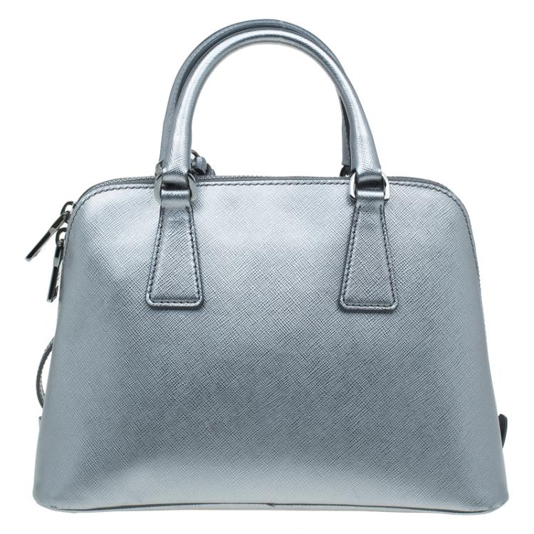 Pre Owned Prada Silver Saffiano Leather Small Vernice Promenade Top Handle Bag