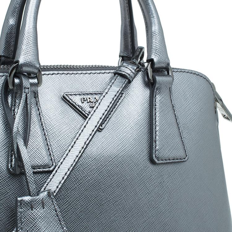 Pre Owned Prada Silver Saffiano Leather Small Vernice Promenade Top Handle Bag