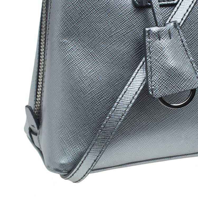 Pre Owned Prada Silver Saffiano Leather Small Vernice Promenade Top Handle Bag