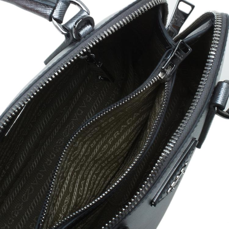 Pre Owned Prada Silver Saffiano Leather Small Vernice Promenade Top Handle Bag