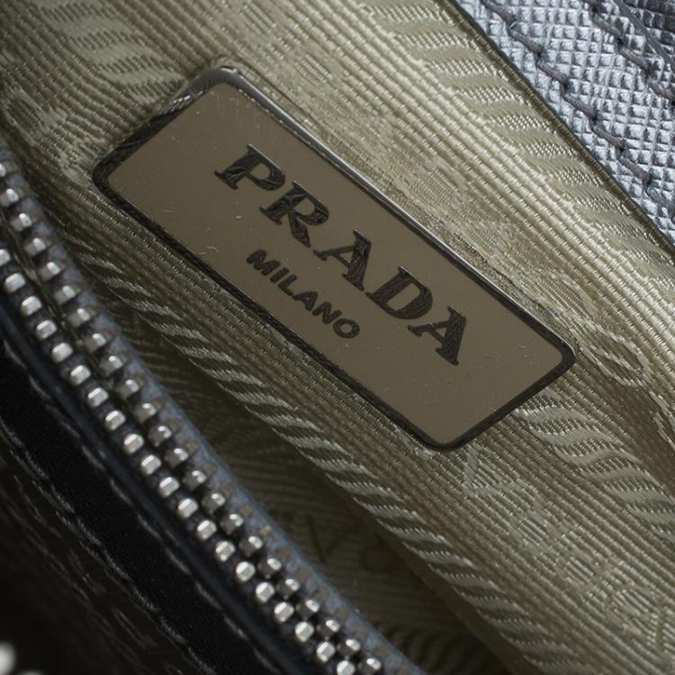 Pre Owned Prada Silver Saffiano Leather Small Vernice Promenade Top Handle Bag