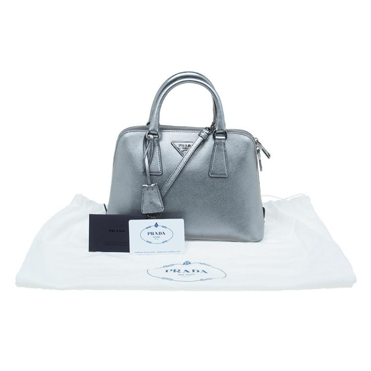 Pre Owned Prada Silver Saffiano Leather Small Vernice Promenade Top Handle Bag