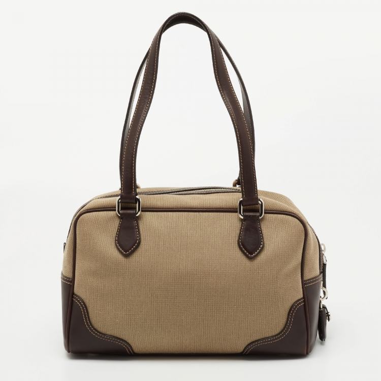 Pre Owned Prada Beige/Brown Logo Print Jacquard and Leather Bowling Bag