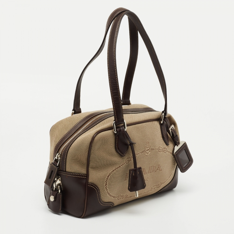 Pre Owned Prada Beige/Brown Logo Print Jacquard and Leather Bowling Bag