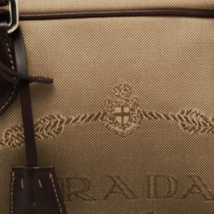 Pre Owned Prada Beige/Brown Logo Print Jacquard and Leather Bowling Bag