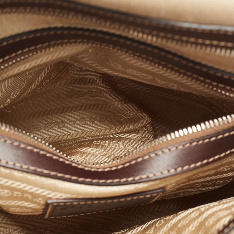 Pre Owned Prada Beige/Brown Logo Print Jacquard and Leather Bowling Bag