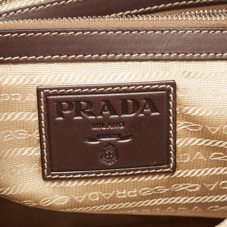 Pre Owned Prada Beige/Brown Logo Print Jacquard and Leather Bowling Bag