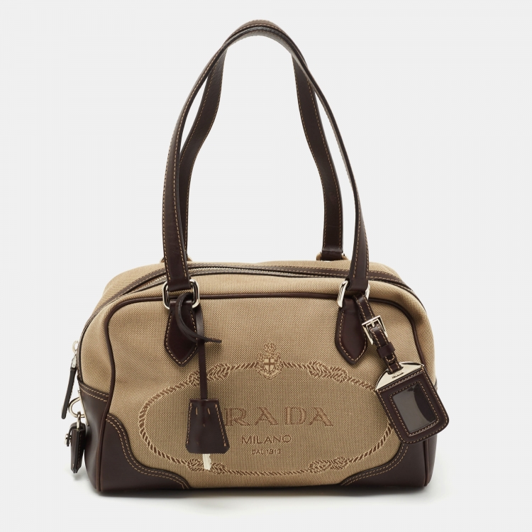 Pre Owned Prada Beige/Brown Logo Print Jacquard and Leather Bowling Bag
