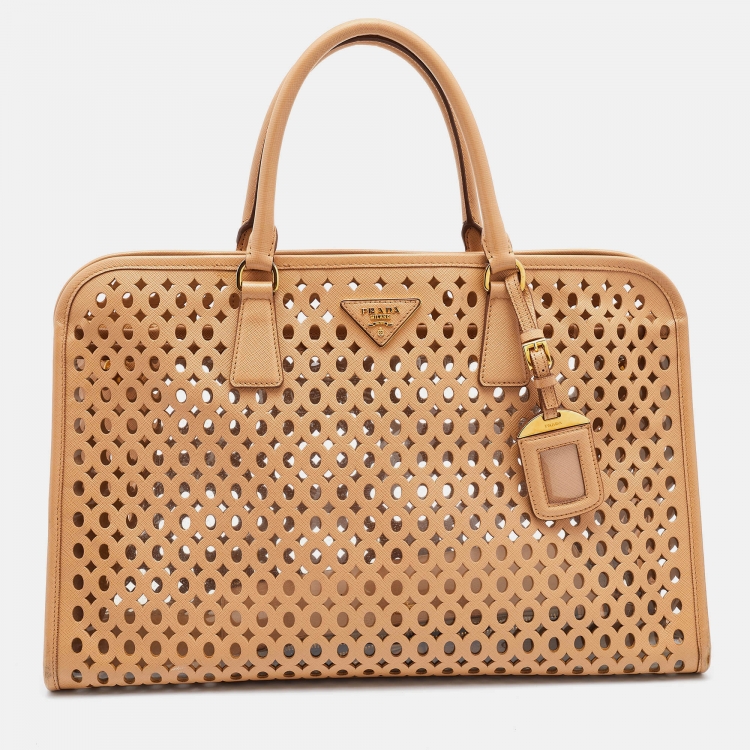 Prada Beige Saffiano Lux Leather Perforated Satchel Prada | The Luxury  Closet