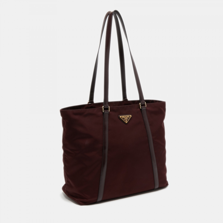 Pre Owned Prada Burgundy/Black Leather and Nylon Tessuto Tote