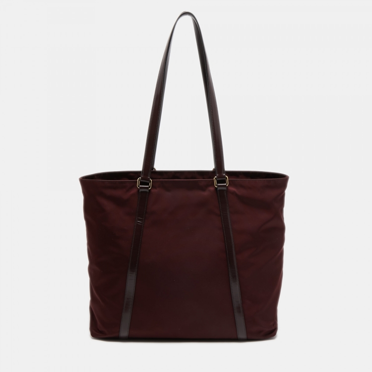 Pre Owned Prada Burgundy/Black Leather and Nylon Tessuto Tote
