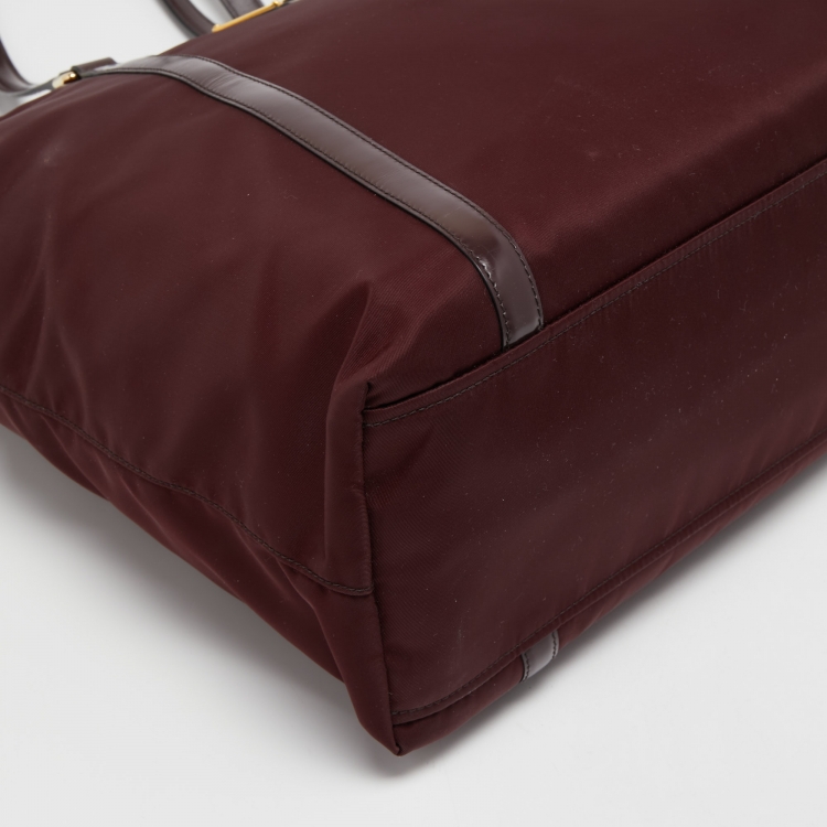 Pre Owned Prada Burgundy/Black Leather and Nylon Tessuto Tote