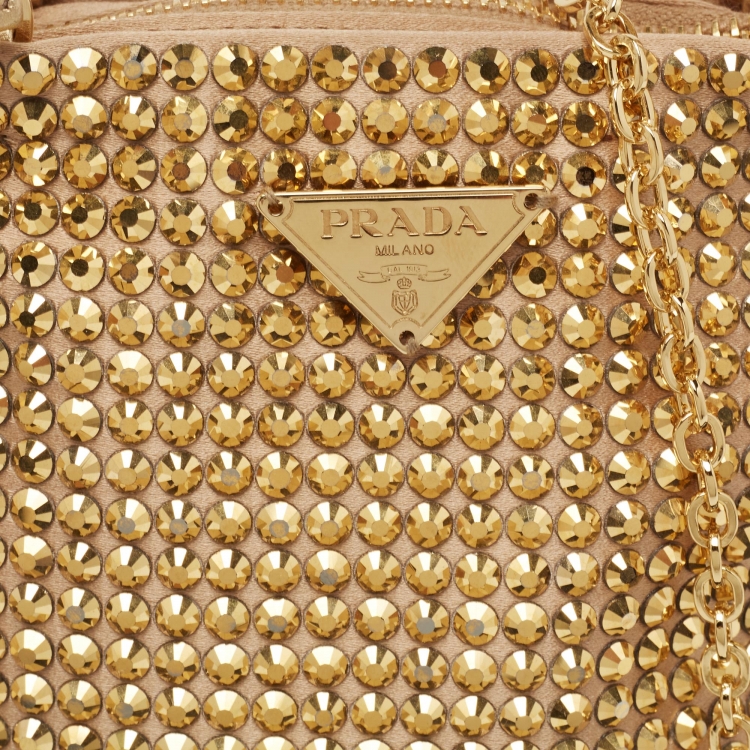 Pre Owned Prada Gold Satin Crystal Embellished Crossbody Bag