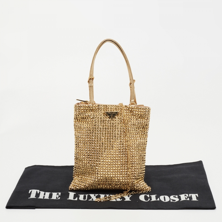 Pre Owned Prada Gold Satin Crystal Embellished Crossbody Bag
