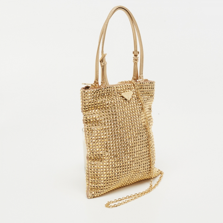 Pre Owned Prada Gold Satin Crystal Embellished Crossbody Bag