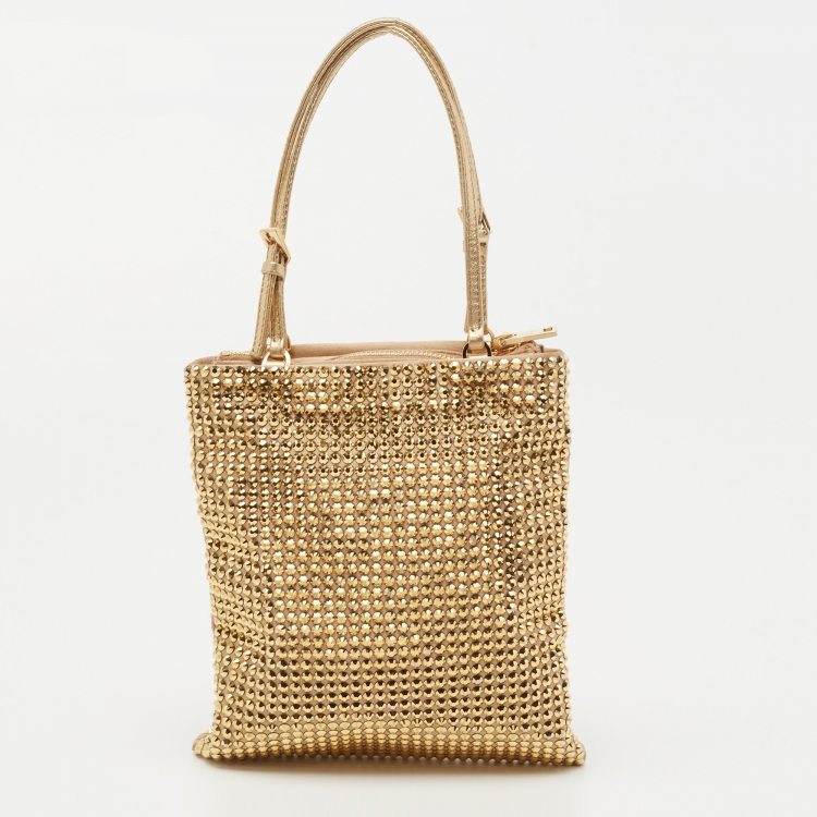 Pre Owned Prada Gold Satin Crystal Embellished Crossbody Bag
