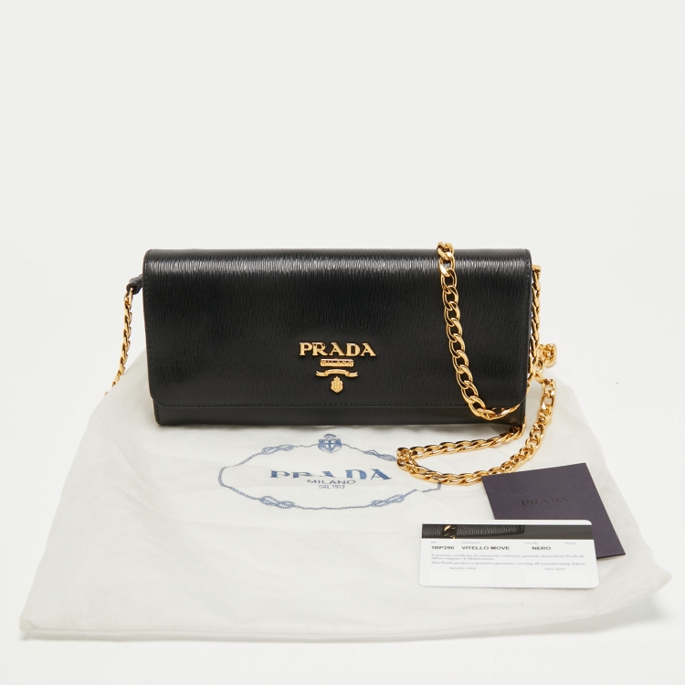 Pre Owned Prada Black Vitello Move Leather Leather Wallet On Chain