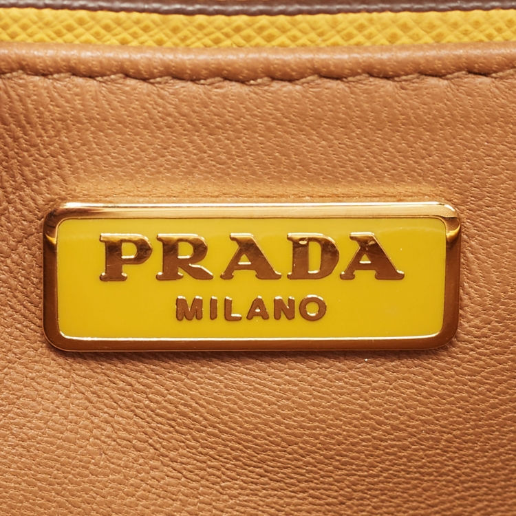 Pre Owned Prada Brown/Mustard Saffiano Lux Leather Turnlock Flap Top Handle Bag