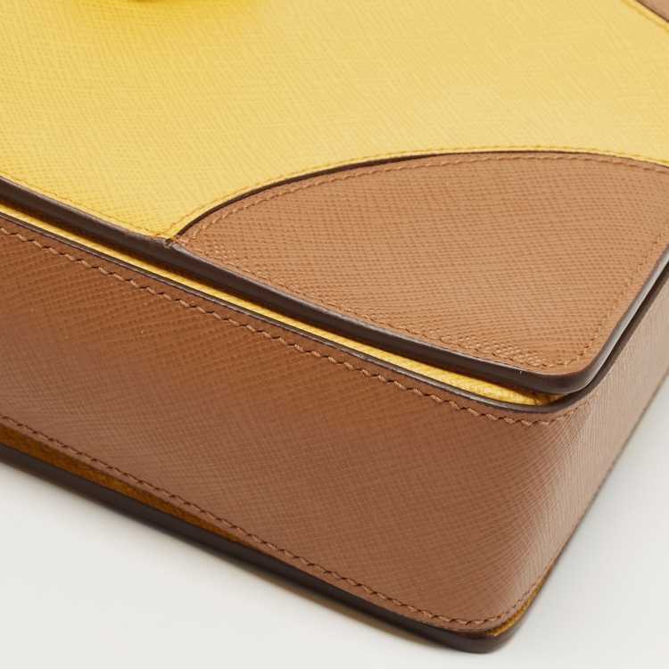 Pre Owned Prada Brown/Mustard Saffiano Lux Leather Turnlock Flap Top Handle Bag
