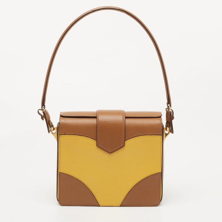 Pre Owned Prada Brown/Mustard Saffiano Lux Leather Turnlock Flap Top Handle Bag