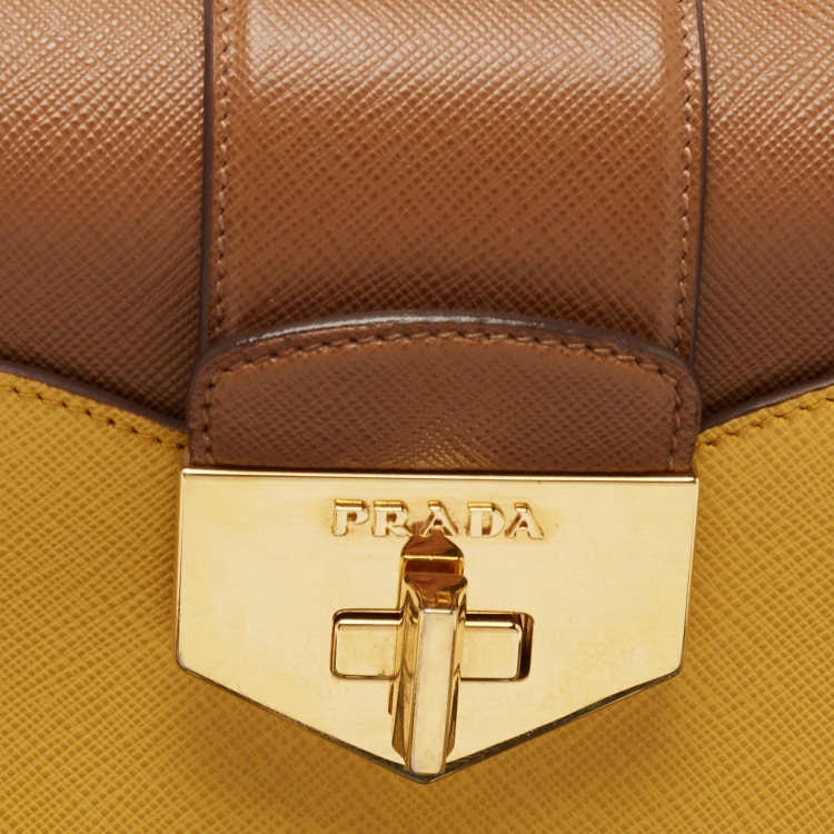 Pre Owned Prada Brown/Mustard Saffiano Lux Leather Turnlock Flap Top Handle Bag
