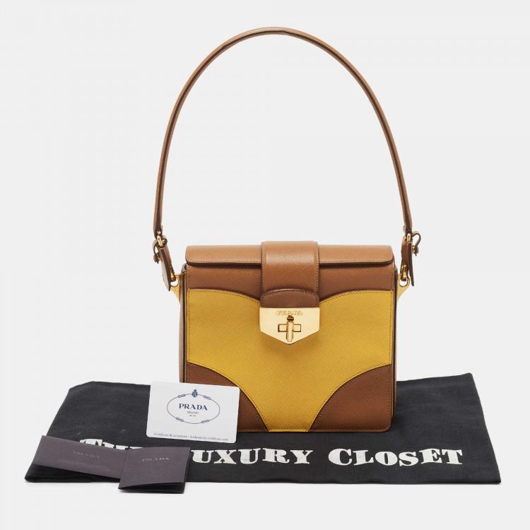 Pre Owned Prada Brown/Mustard Saffiano Lux Leather Turnlock Flap Top Handle Bag