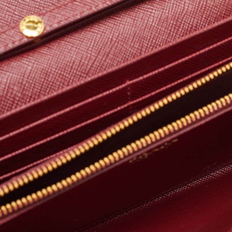 Pre Owned Prada Dark Red Saffiano Metal Leather Wallet On Chain