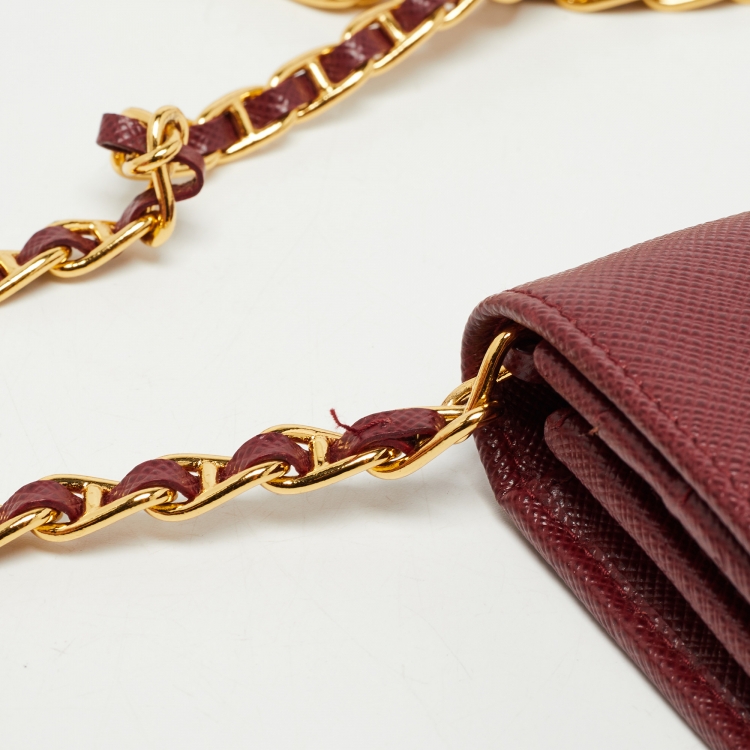 Pre Owned Prada Dark Red Saffiano Metal Leather Wallet On Chain