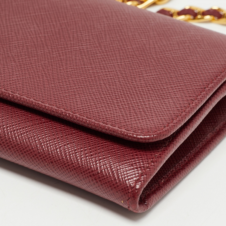 Pre Owned Prada Dark Red Saffiano Metal Leather Wallet On Chain