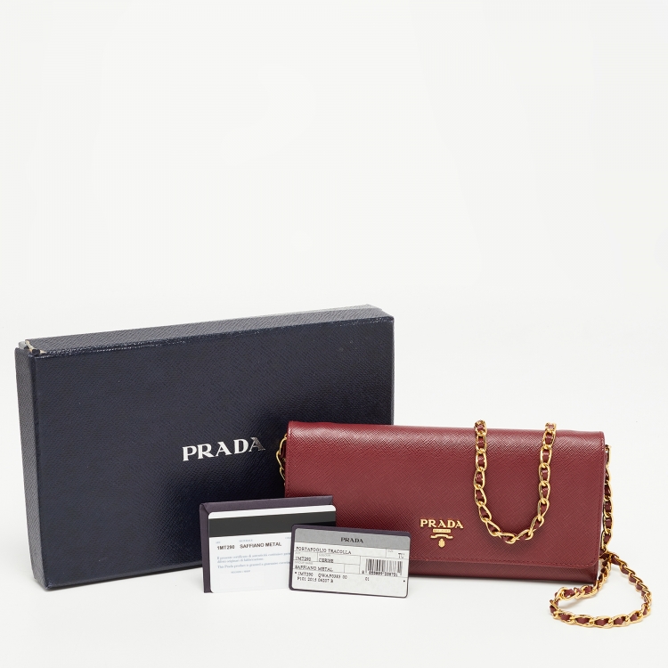 Pre Owned Prada Dark Red Saffiano Metal Leather Wallet On Chain