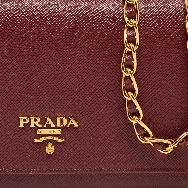 Pre Owned Prada Dark Red Saffiano Metal Leather Wallet On Chain
